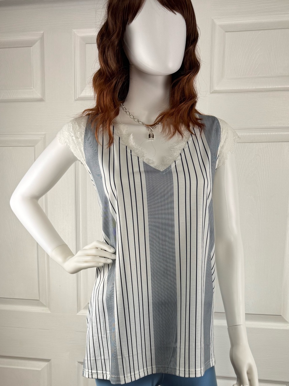 Source Unknown White and Black Vertical Stripe Lace-Trim Tank